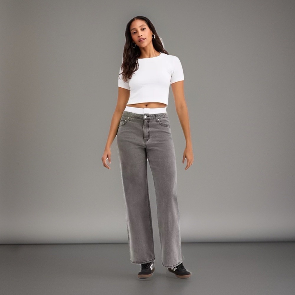NWT BAR III Contrast Waist Wide Leg Going Out Jeans Gray Womens Size 14
